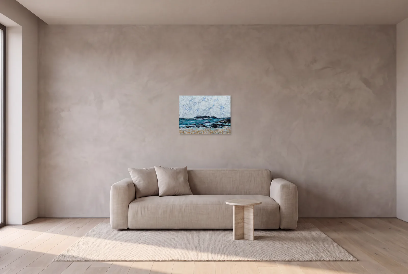 Visualisation: Cape of Storms, Whitewater above a pale linen sofa in a living room with plastered walls, shown at 60 × 45 cm.