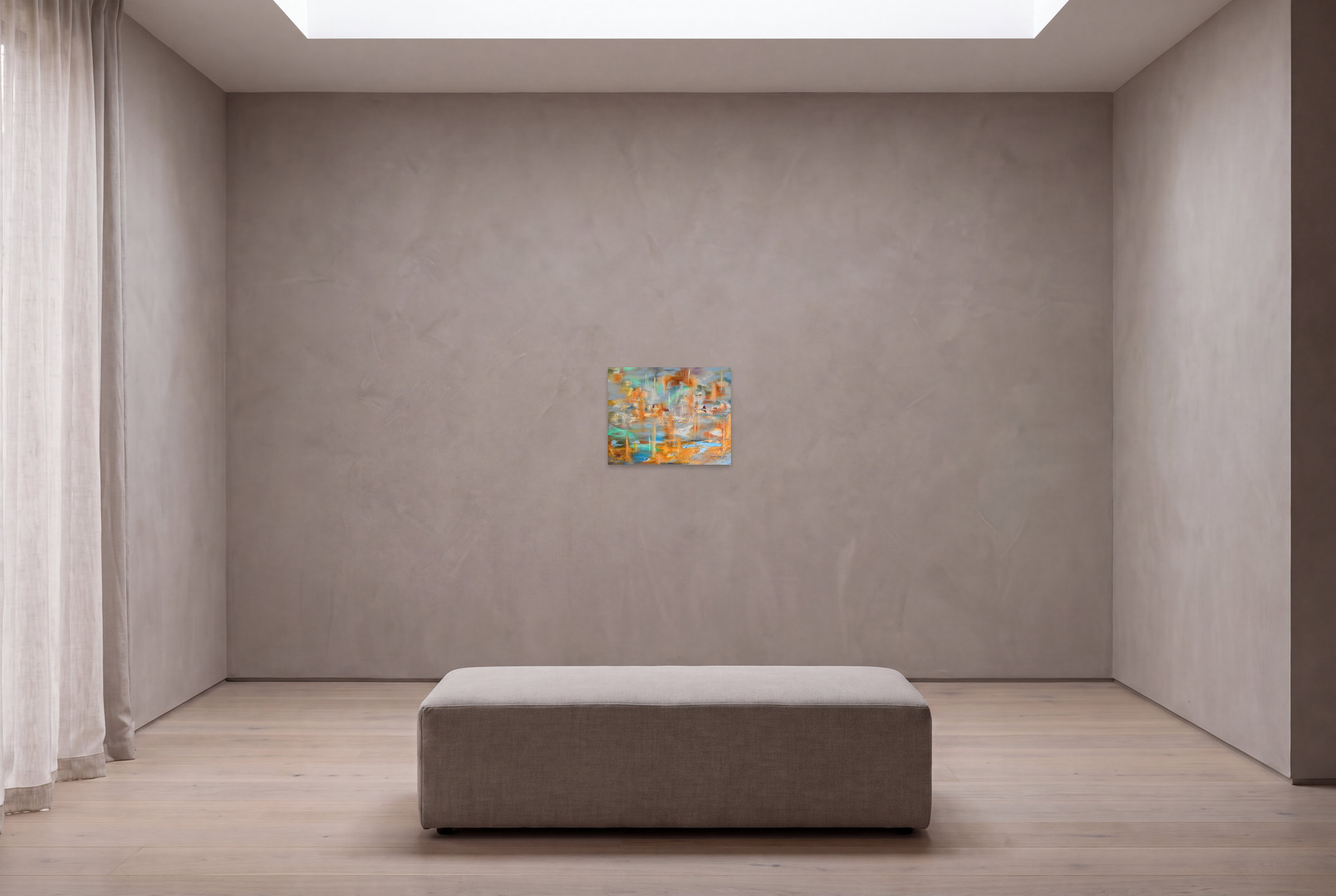 A visualisation of Honeyed Drift in an imagined viewing room.