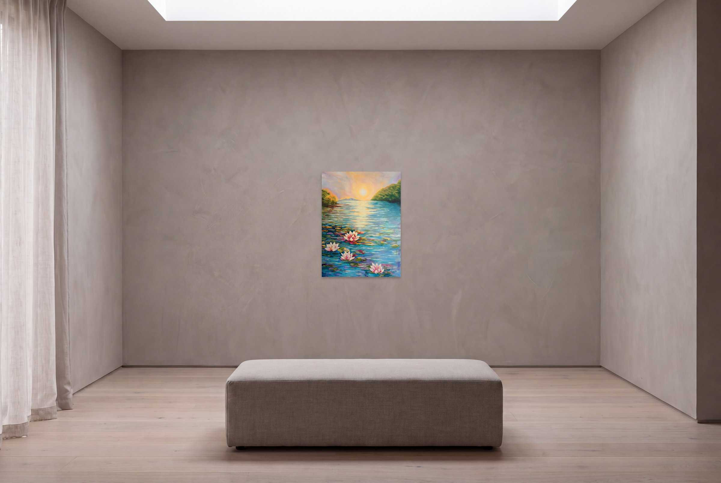 A visualisation of Lilies at Last Light in an imagined viewing room.