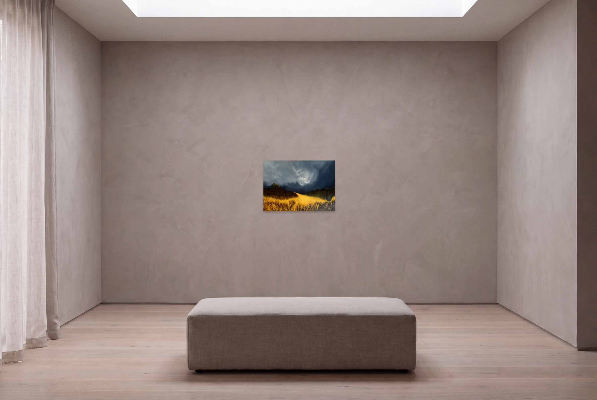 A visualisation of The Field Holds Its Breath in an imagined viewing room.
