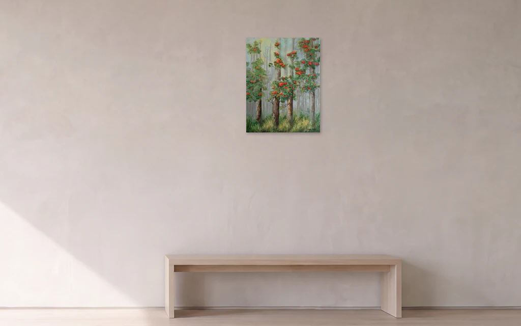 Visualisation: Tokai, in Mist, hung at its catalogue size on a pale limewashed wall above a low wooden bench, in soft morning light.