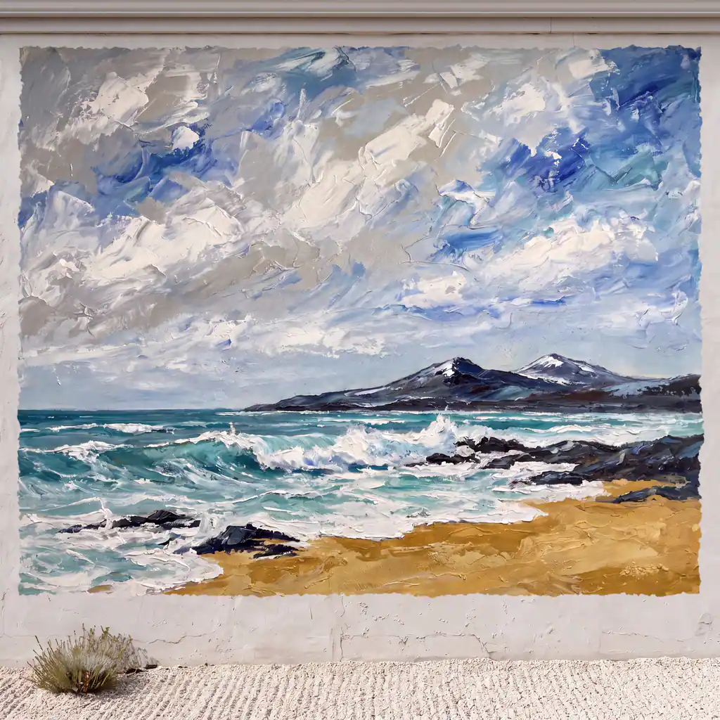 Visualisation, generated in the spirit of Linda Wolf’s Cape of Storms, Whitewater, at mural scale. Not her painting, and not a completed mural.