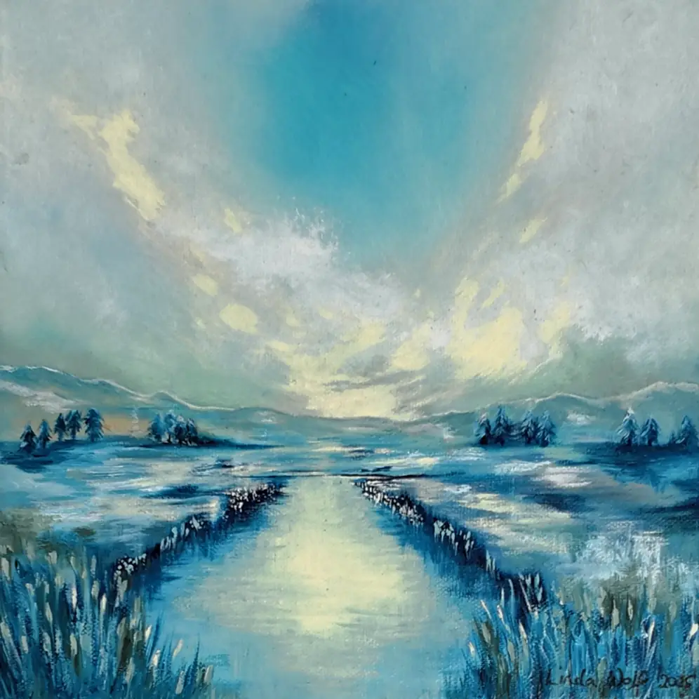 A Quiet Crossing, oil on canvas by Linda Wolf: a river winding through snow towards a bright sky, in turquoise and bone.