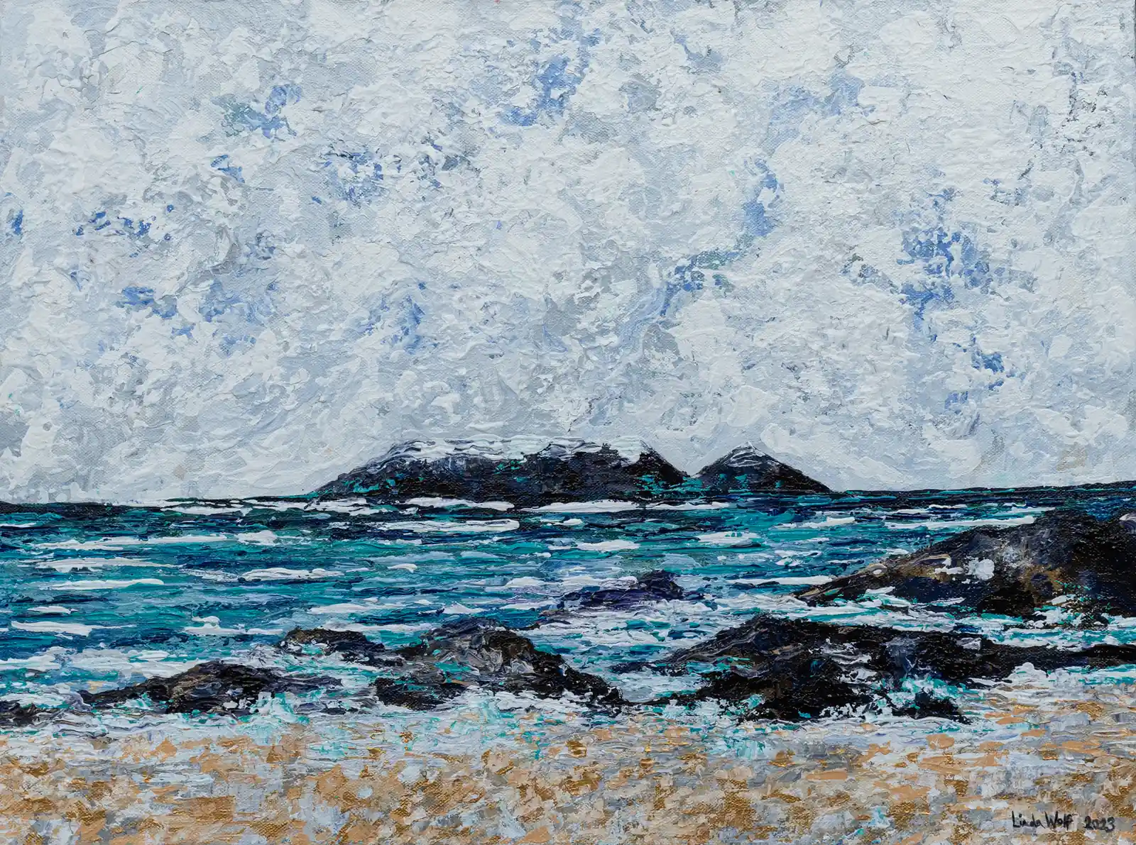 Cape of Storms, Whitewater, oil on canvas by Linda Wolf: turquoise surf on dark rocks below Table Mountain and Lion’s Head.