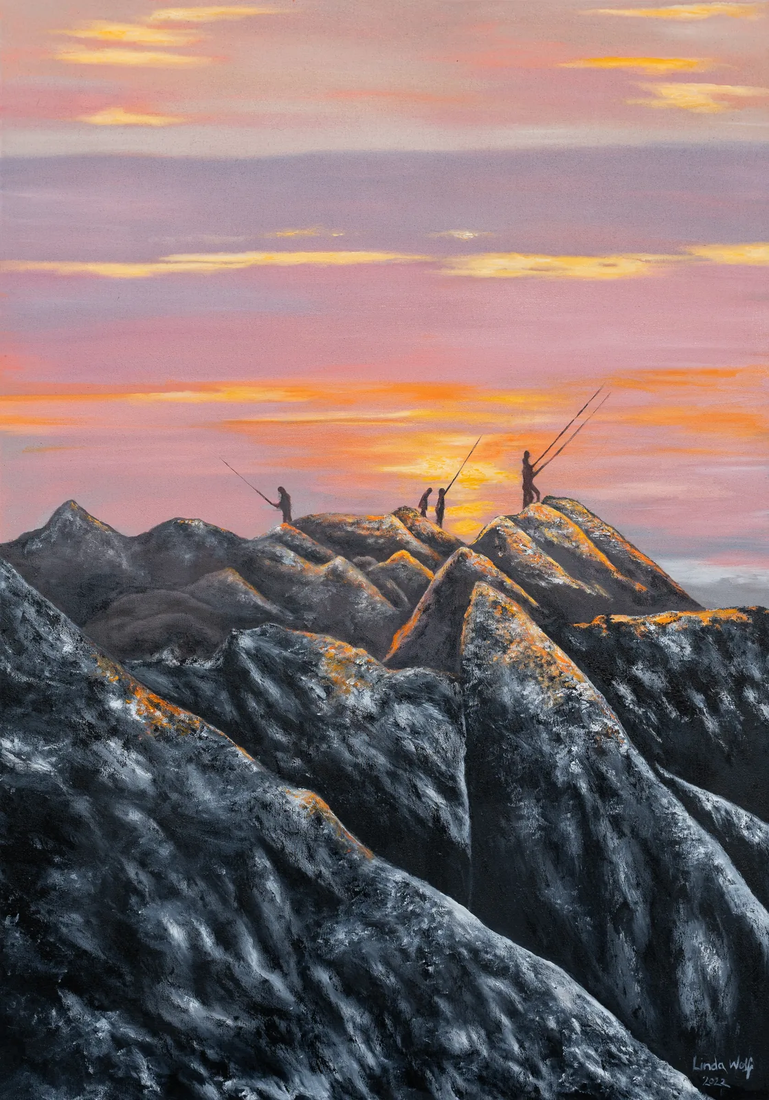 Cliff Anglers, Last Gold, oil on canvas by Linda Wolf: three anglers on black rock, casting into a gold and rose sunset.