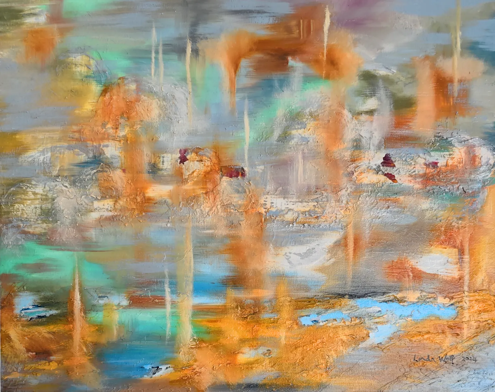 Honeyed Drift, oil on canvas by Linda Wolf: an abstract in amber, pewter, copper and mint.