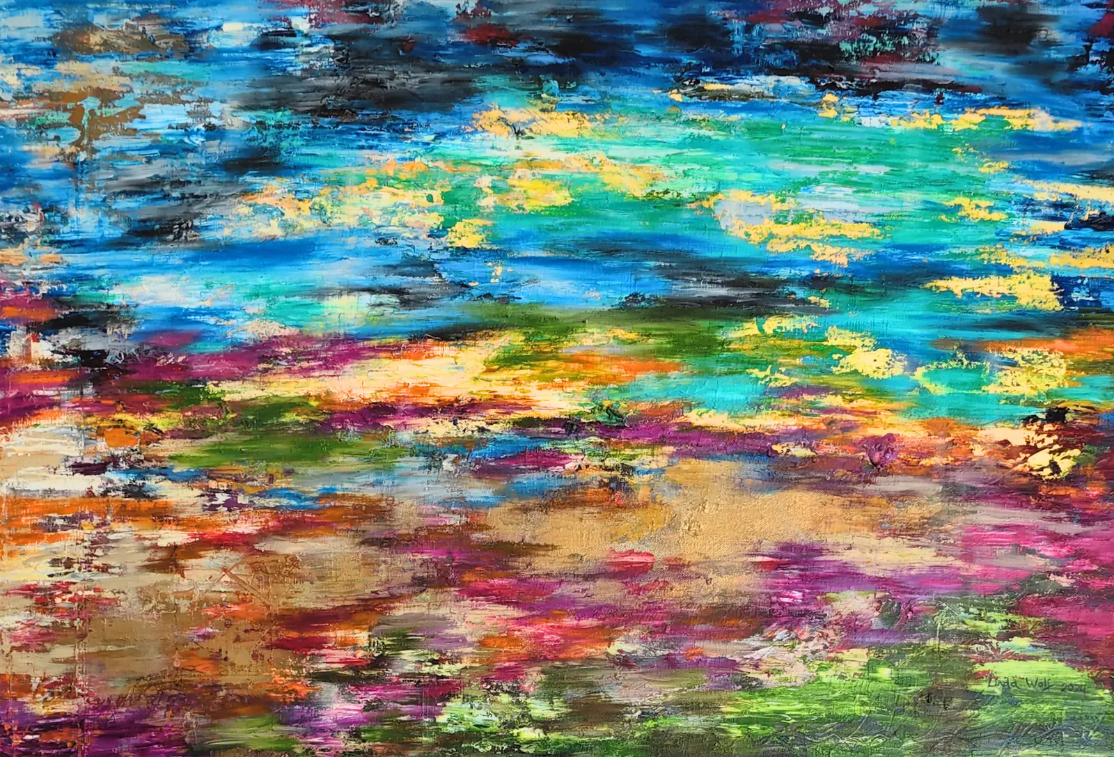 Layers, Remembered, oil on canvas by Linda Wolf: an abstract of layered strokes in cobalt, magenta, mustard and jade.