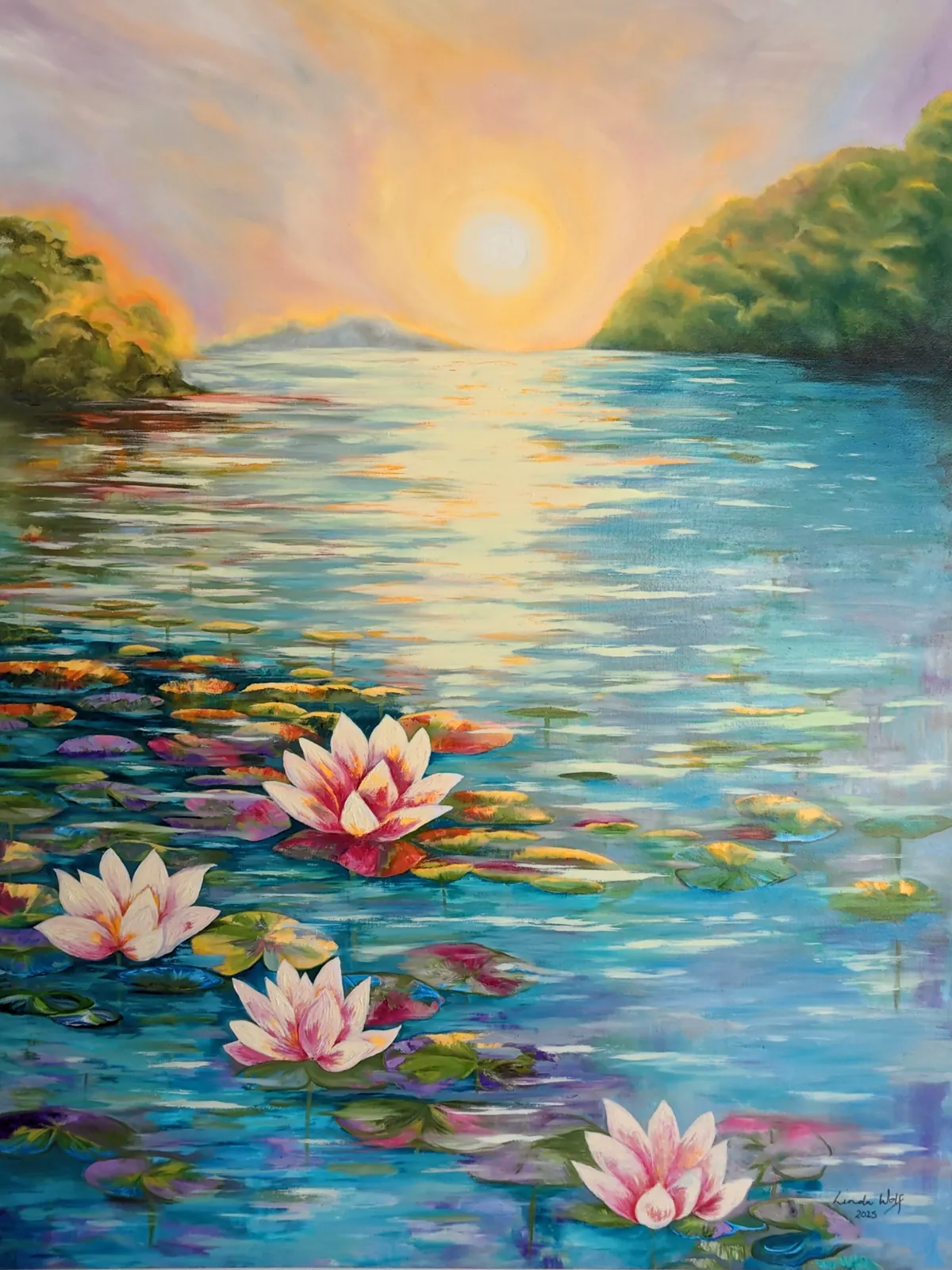 Lilies at Last Light, oil on canvas by Linda Wolf: a still pond at sunset, with pink water lilies in the foreground.