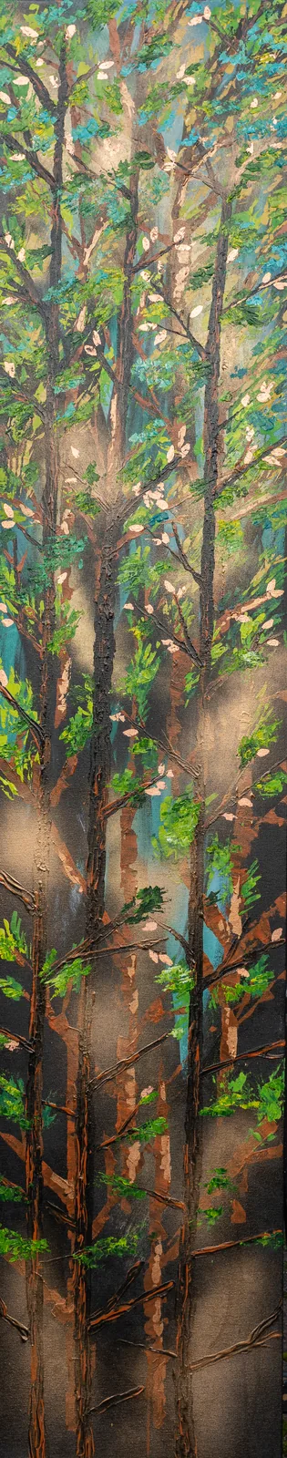 Pinewood, A Pair, left panel, oil on canvas by Linda Wolf: slender pines in shafts of light, with green and turquoise leaves.