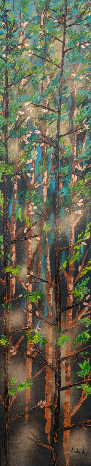 Pinewood, A Pair, right panel, oil on canvas by Linda Wolf: the grove carries on in rust-brown trunks and turquoise light.