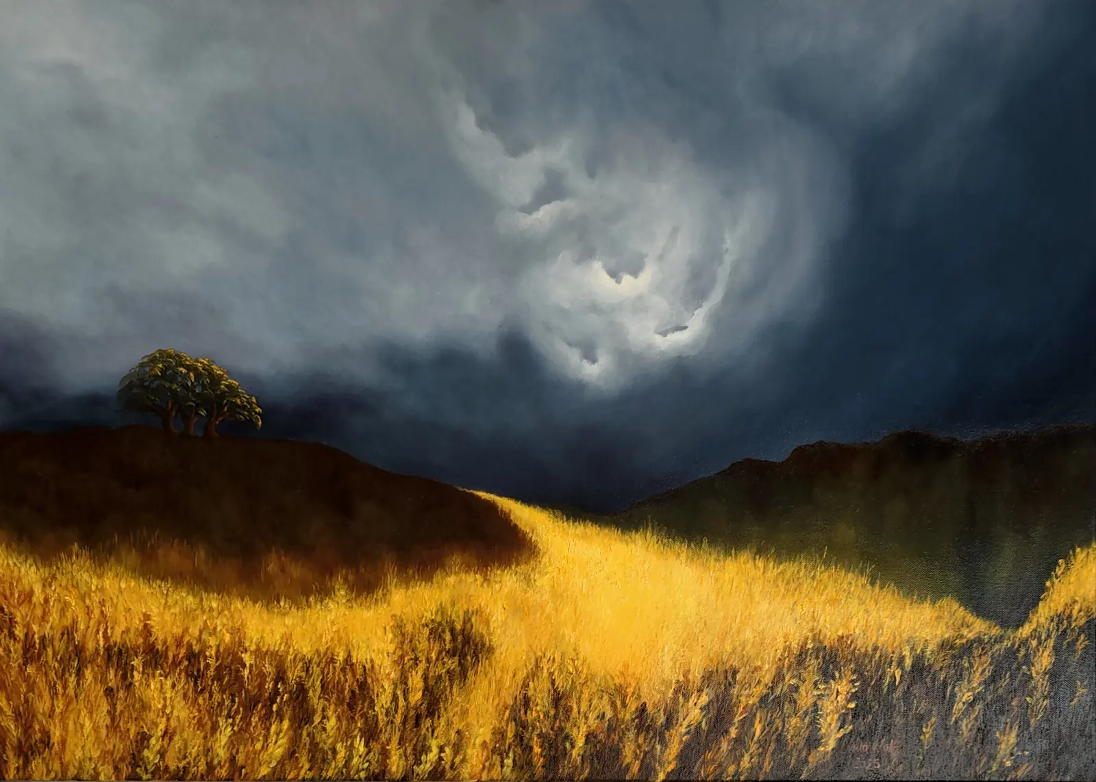The Field Holds Its Breath, oil on canvas by Linda Wolf: a golden wheat field and a single tree under a gathering storm.