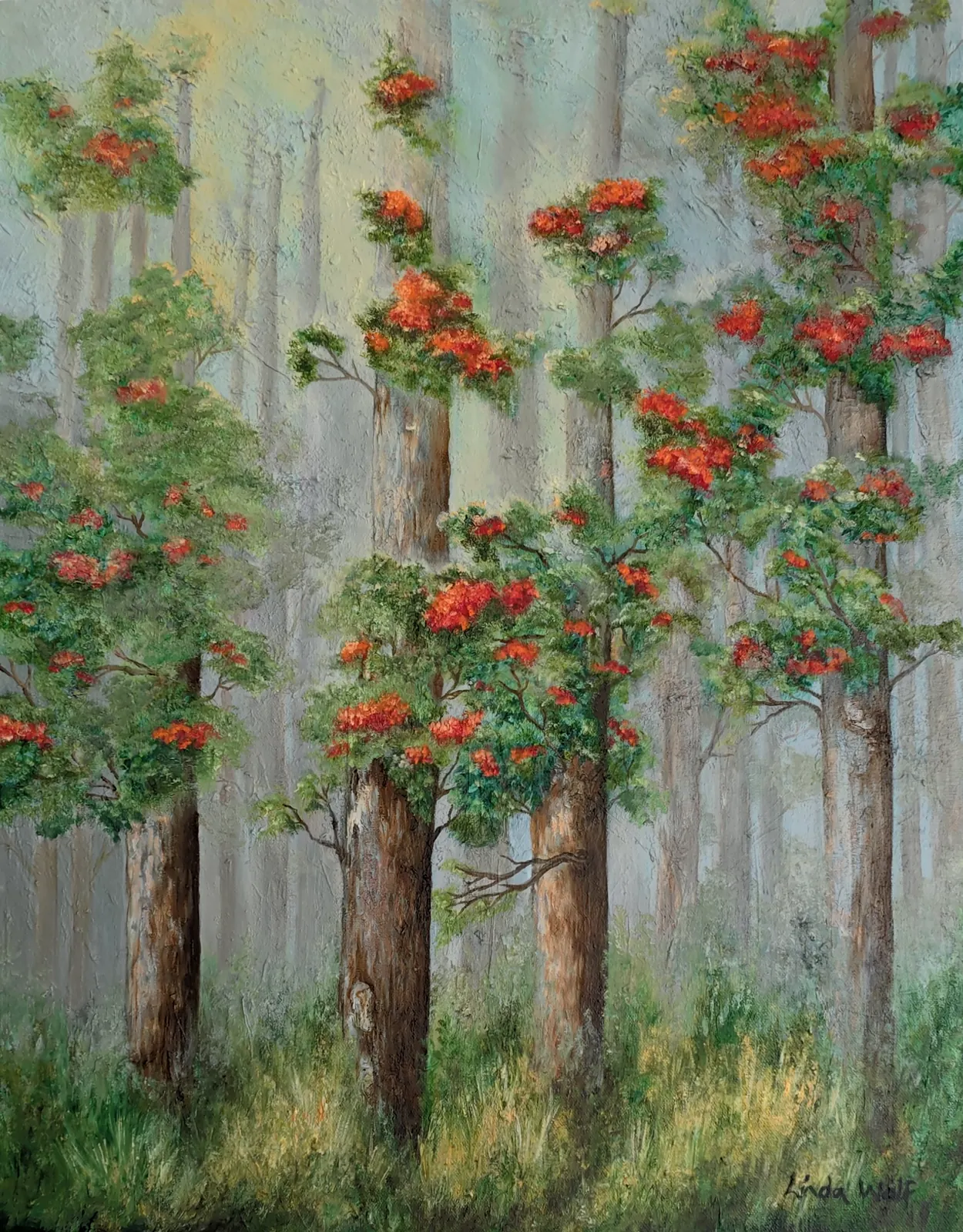 Tokai, in Mist, oil on canvas by Linda Wolf: tall trunks fading into silver-green mist, with clusters of red flowers.